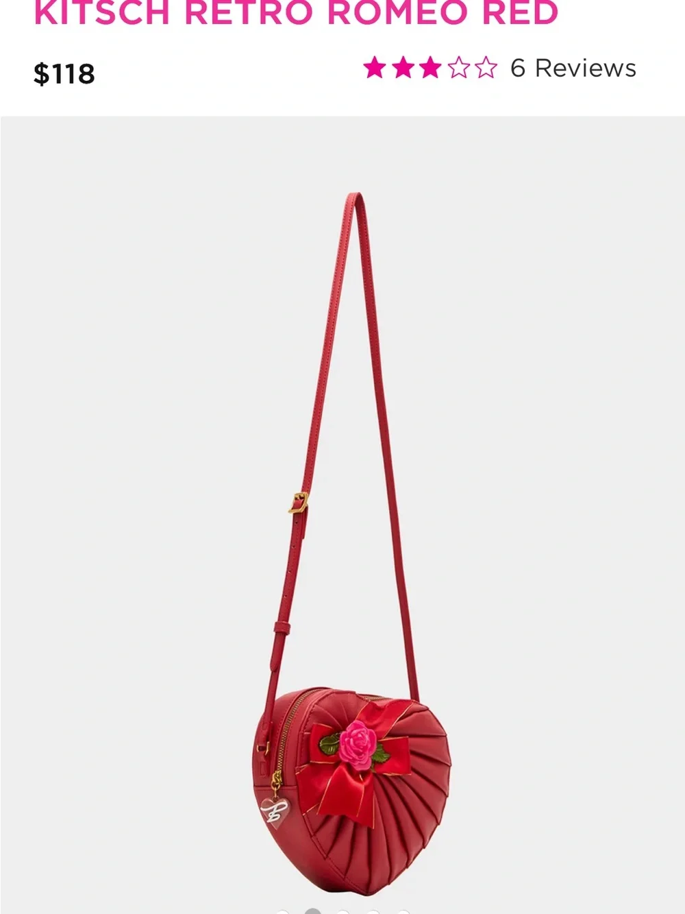 Betsey Johnson Red Heart Crossbody with Pink Rose Applique